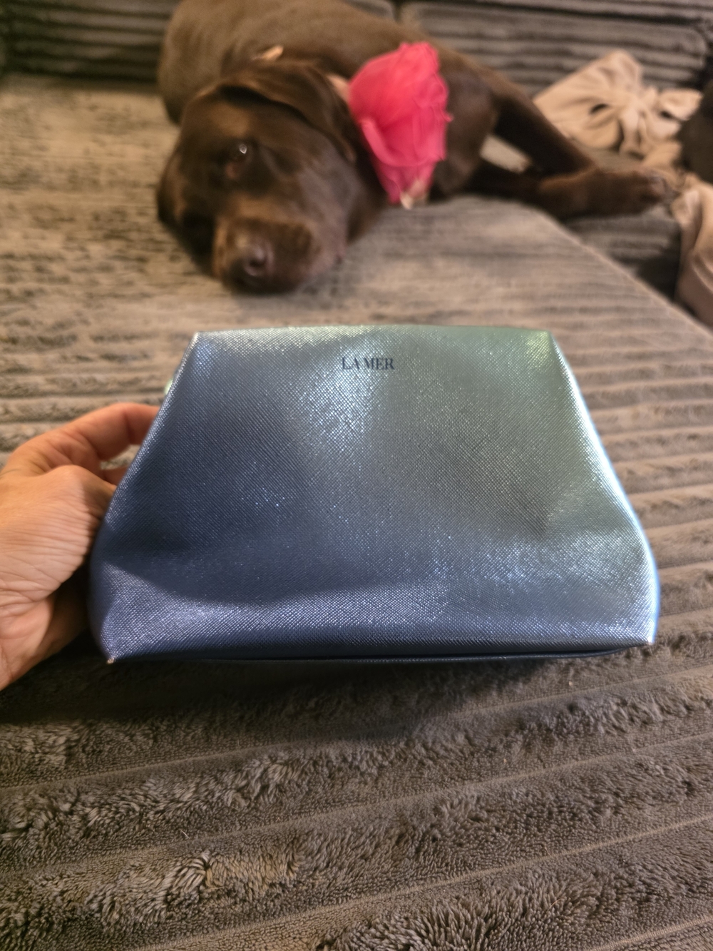 La Mer Shimmery Teal Cosmetic Hinge Bag